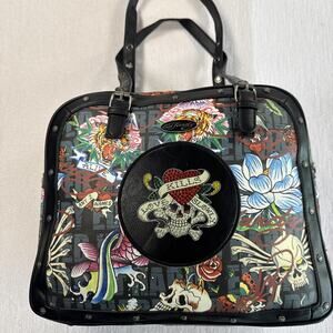 Ed Hardy Women's Y2K Satchel Weekender Bag Handbag Purse Tattoo Art Black